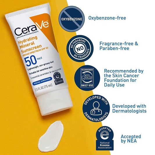 CeraVe Hydrating Mineral Sunscreen SPF 50 | 100 ML - Hydrating SunBlock | Broad Spectrum SPF 50